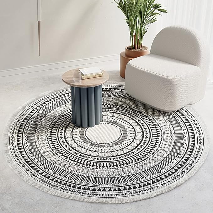 Round Cotton Rug Woven Tassel Throw Rug Washable Area Rug for Living Room Bedroom by Poowe product photo