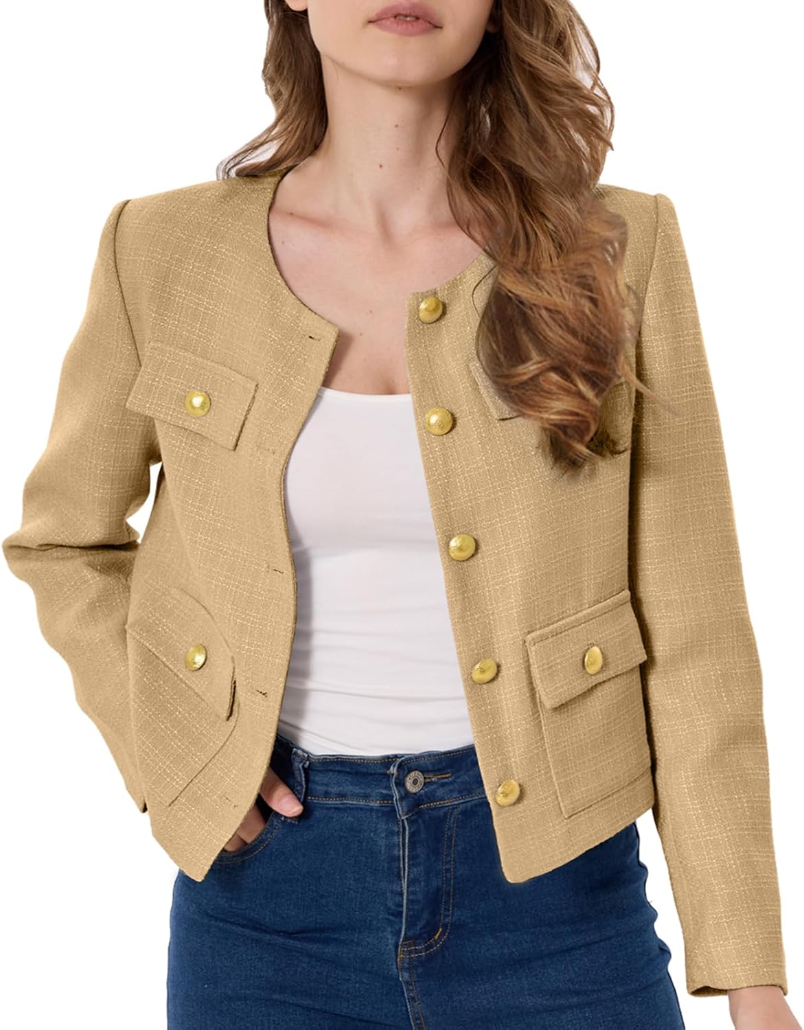 Women's Tweed Jacket Cropped Blazers Spring Summer Round Neck Business Work Office Plaid Jacket