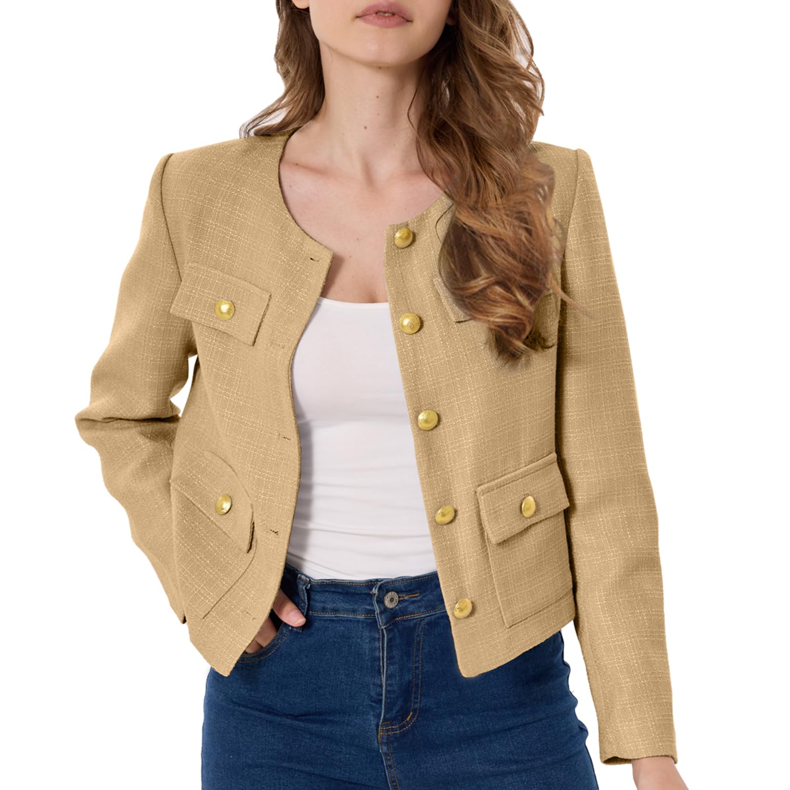 Women's Tweed Jacket Cropped Blazers Spring Summer Round Neck Business Work Office Plaid Jacket-image-27