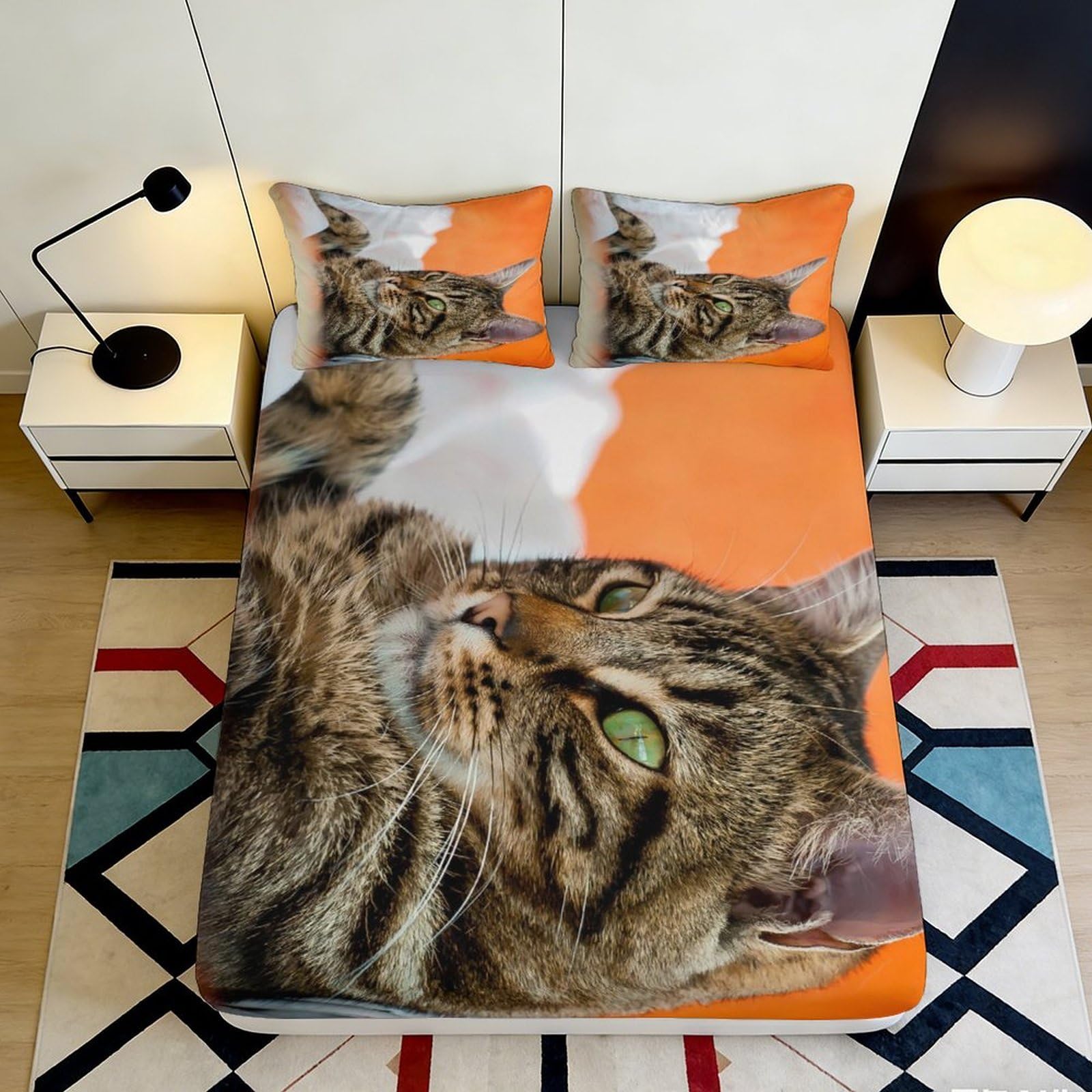Jqzkxnhpbr Style-3 3D Printed Cat Portrait Fitted Sheet Microfiber Orange Tabby Mattress Cover For Bedroom Guest Room Decor Protection 90X200x25cm