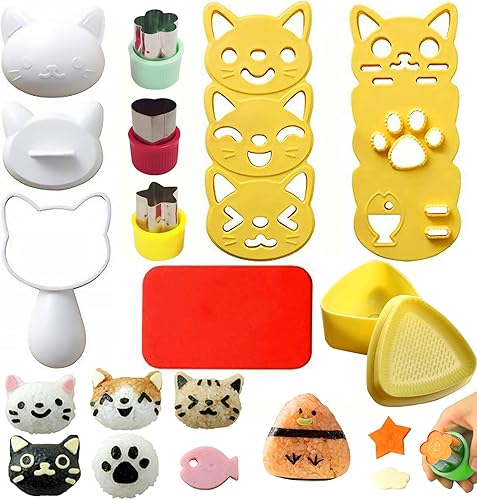 Lindos moldes de bolas de arroz para gatos, 6 juegos de moldes de sushi, kits de accesorios Bento con 3 formas de cortador de frutas y 1 molde de