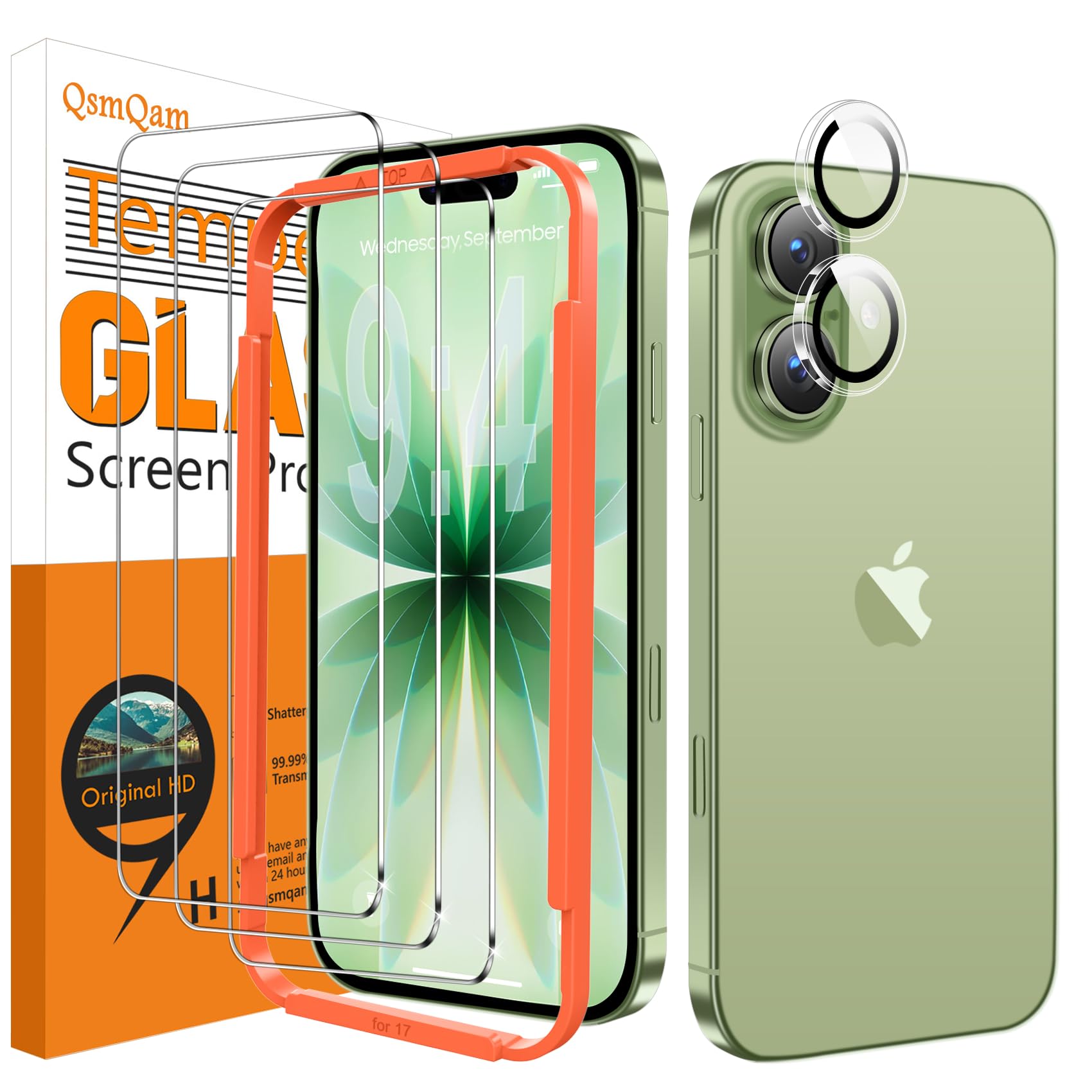 QsmQam 3 Pezzi Pellicola Vetro Temperato per iPhone 17 6.3" + 1 Pezzi Protettiva per Fotocamera Posteriore, Protezione per schermo di grado militare con durezza 9H+, Installazione semplice