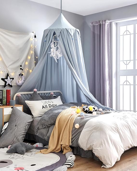 Surwin Bed Canopy for Girls Blue, Round Dome Children Mosquito Net Protection Canopy | Kids Bedroom Nursery Decorations Hanging Curtain | Princess Play Tent
