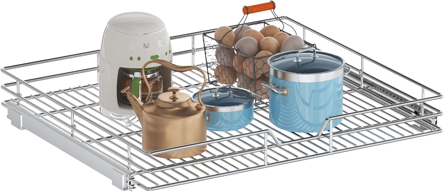 Pull Out Cabinet Organizer, 28.5" W x 21.5" D, Heavy Duty Chrome Slide Out Shelf for Wide Base Cabinets, Sliding Wire Basket Drawer for Pots, Pans, Appliances & Pantry Storage