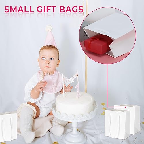 Miniatura 6 de Rcybeo Paquete de 50 mini bolsas de regalo de 4 x 2.4 x 4.6 pulgadas, bolsas de papel de regalo extra pequeñas con asas para recuerdos de fiesta,