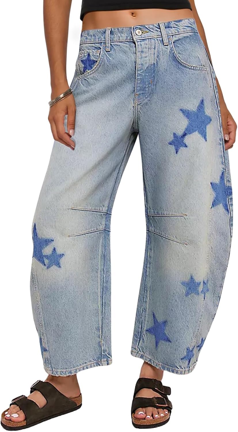 CHARTOU Y2k Barrel Jeans Women Wide Leg Baggy Distressed Printed Boyfriend Horseshoe Denim Pants