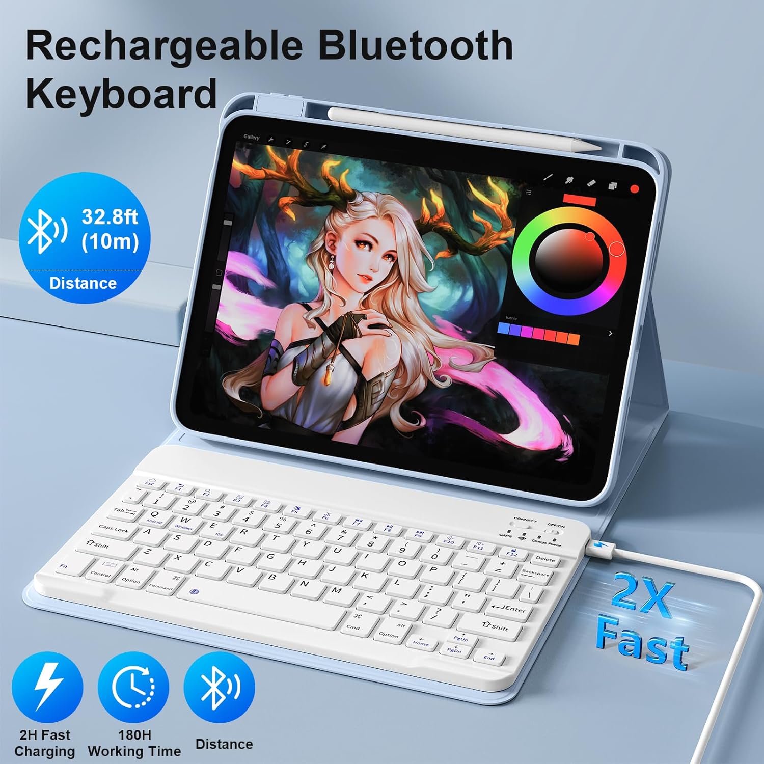 Keyboard Case for iPad Air 11 Inch M4/M3/M2 2026/2025/2024, iPad Air 5th/4th Generation 10.9 in 2022/2020, Detachable Wireless Bluetooth Keyboard Built-in Right Side Pencil Holder, Light Blue