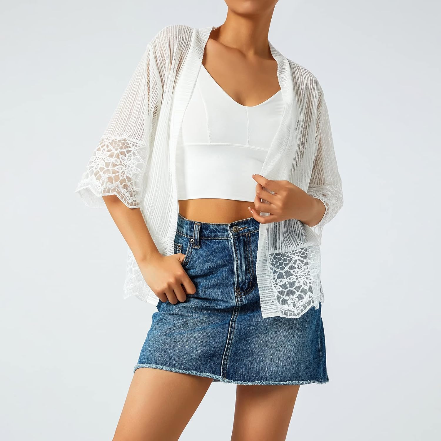 Women's Short Cardigan Sheer Mesh Bolero Shrug 3/4 Sleeve Crop Tops Lace Jacket Beach Cover up for Dress - Image 2