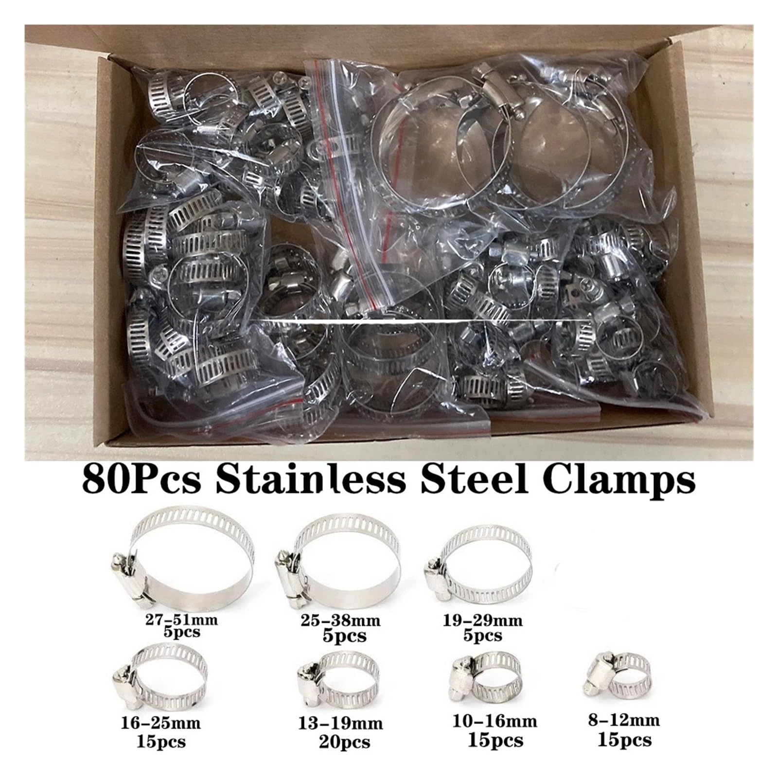 80 Stück Schlauchschellen Rohrschellen 8 mm-51 mm Edelstahl-Bügelklemmen-Set Kfz-Rohre Clip Festes Werkzeug