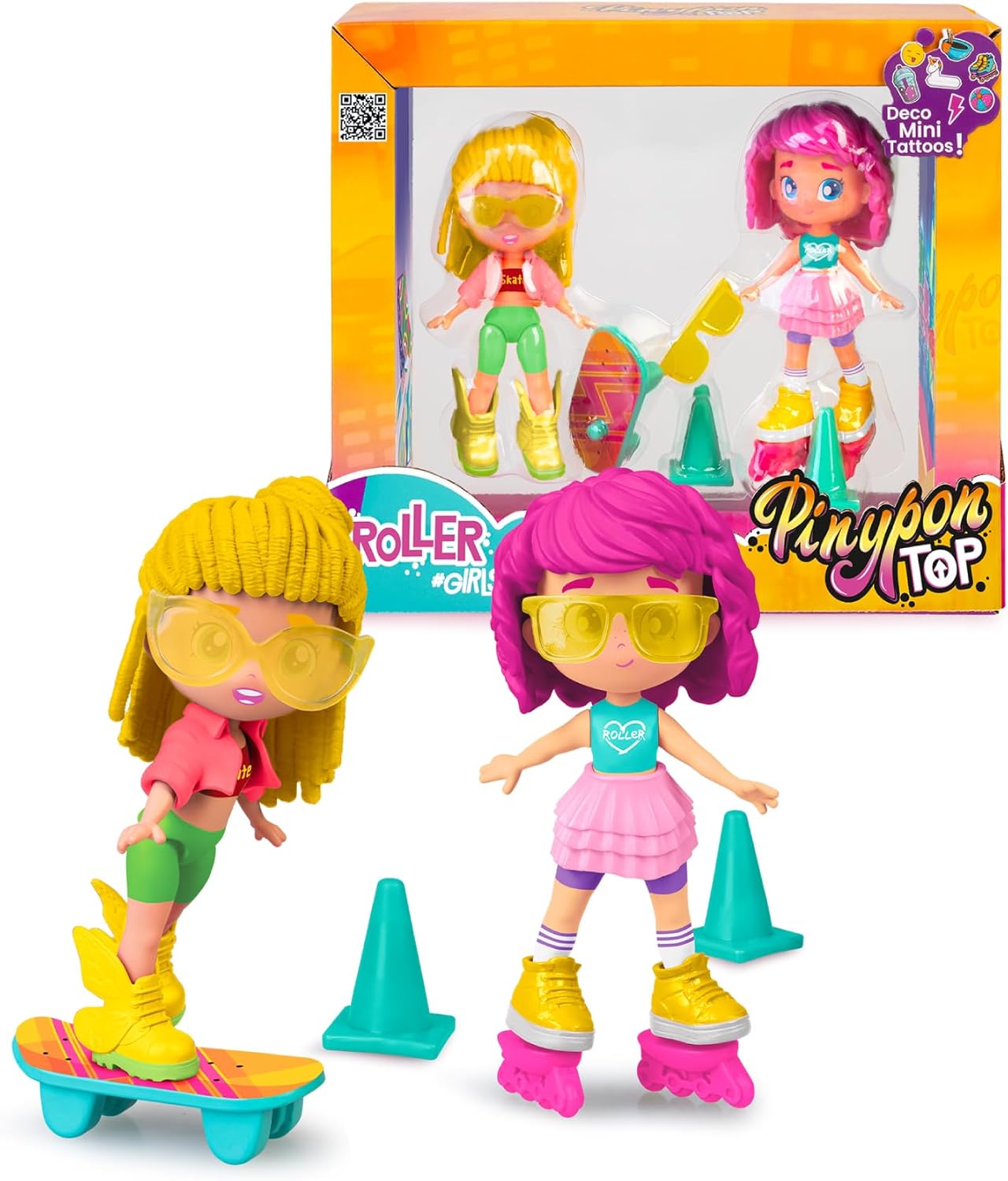 Roller Girls Set of 2 Girls on Wheels, 1 with Roller Skates and 1 with Skateboard, Movable Arm and Leg Figures, Interchangeable Clothes and Shoes, Includes Accessories, Famosa (PNN04000)