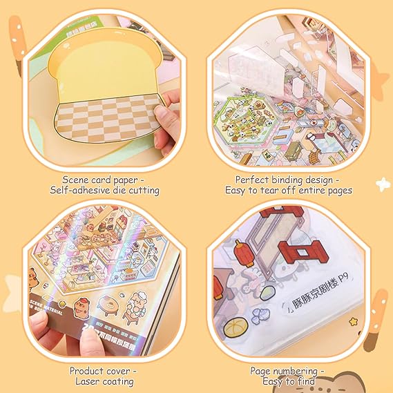 Wanheart 40 Sets DIY 3D House Sticker Scene Kit, Non-Toxic Safe Sticker Therapy for Adults, Stress Relief Creative Scene Kit with 56 PET Stickers, 40 Miniature Cabins & 2 Tweezers, Reusable DIY Fun