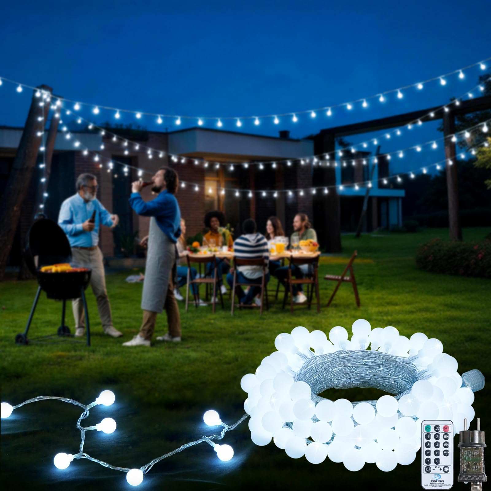 JMEXSUSS 100 LED Lichterkette Außen Innen,Weiß Globe Fairy Lights | mit Fernbedienung & Stecker, dimmbar, 8 Leuchtmodi, energiesparend, Weihnachten, Hochzeit, Party, Garten