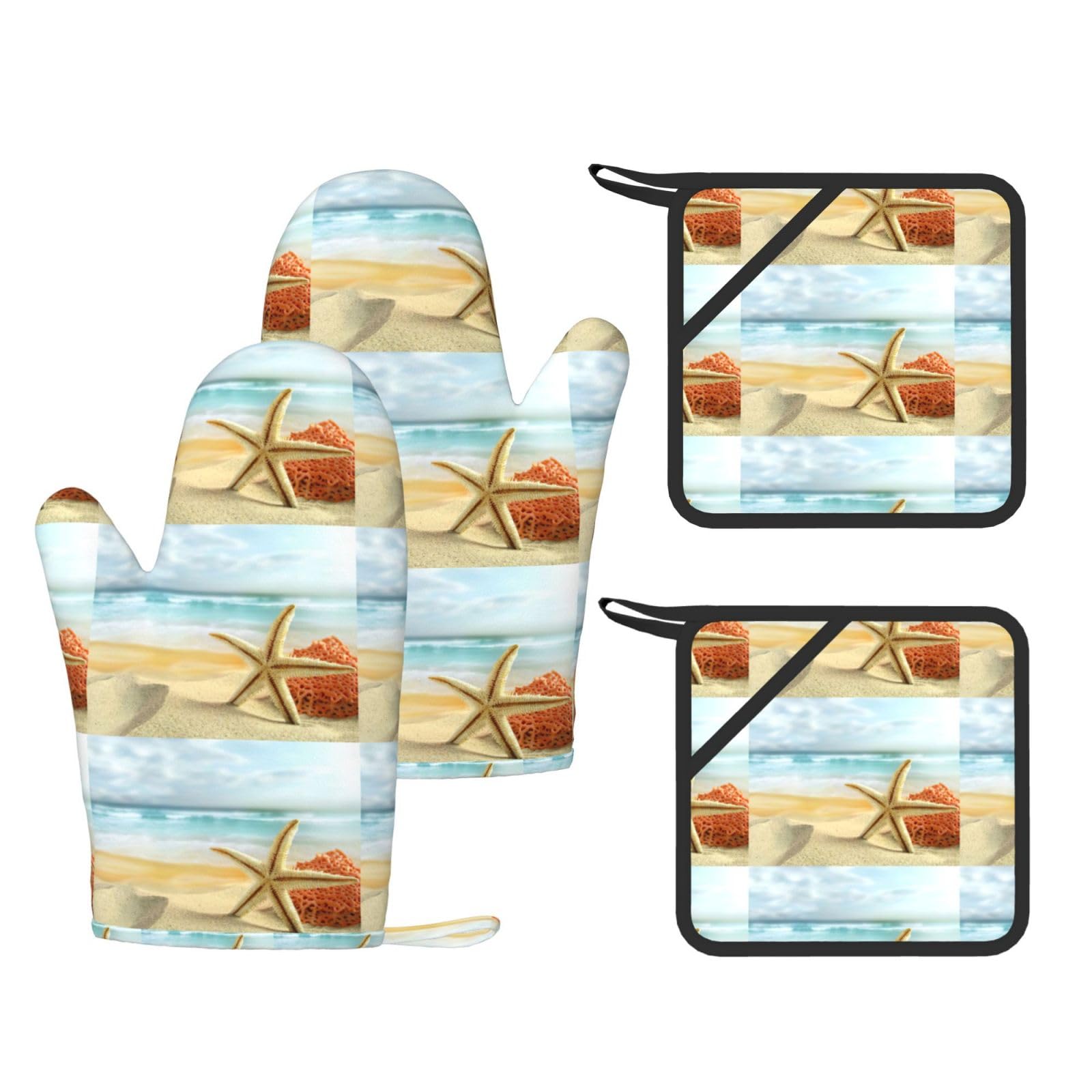 Starfish and Coral on Beach Printed Oven Mitts and Pot Holders Set of 4, Heat Resistant Silicone Gloves for Baking Grilling