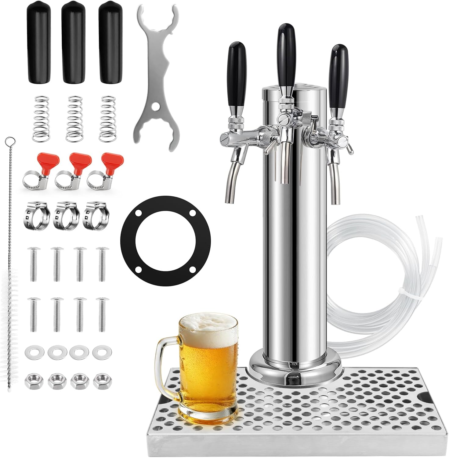 Adjustable 3 Tap Kegerator Tower, Beer Tap Tower with Stainless Steel Beer Drip Tray, Pre-installed Draft Beer Keg Tower with Kegerator Parts Keg Drip Tray for Homebrew
