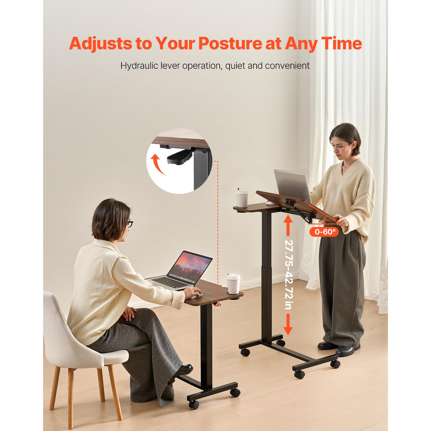 Happybuy Adjustable Overbed Table - Mobile Rolling Desk with Flip Top, 4 Wheels & Cup Holder, Height & Angle Adjustable for Bed, Office or Study (Wood & Black)