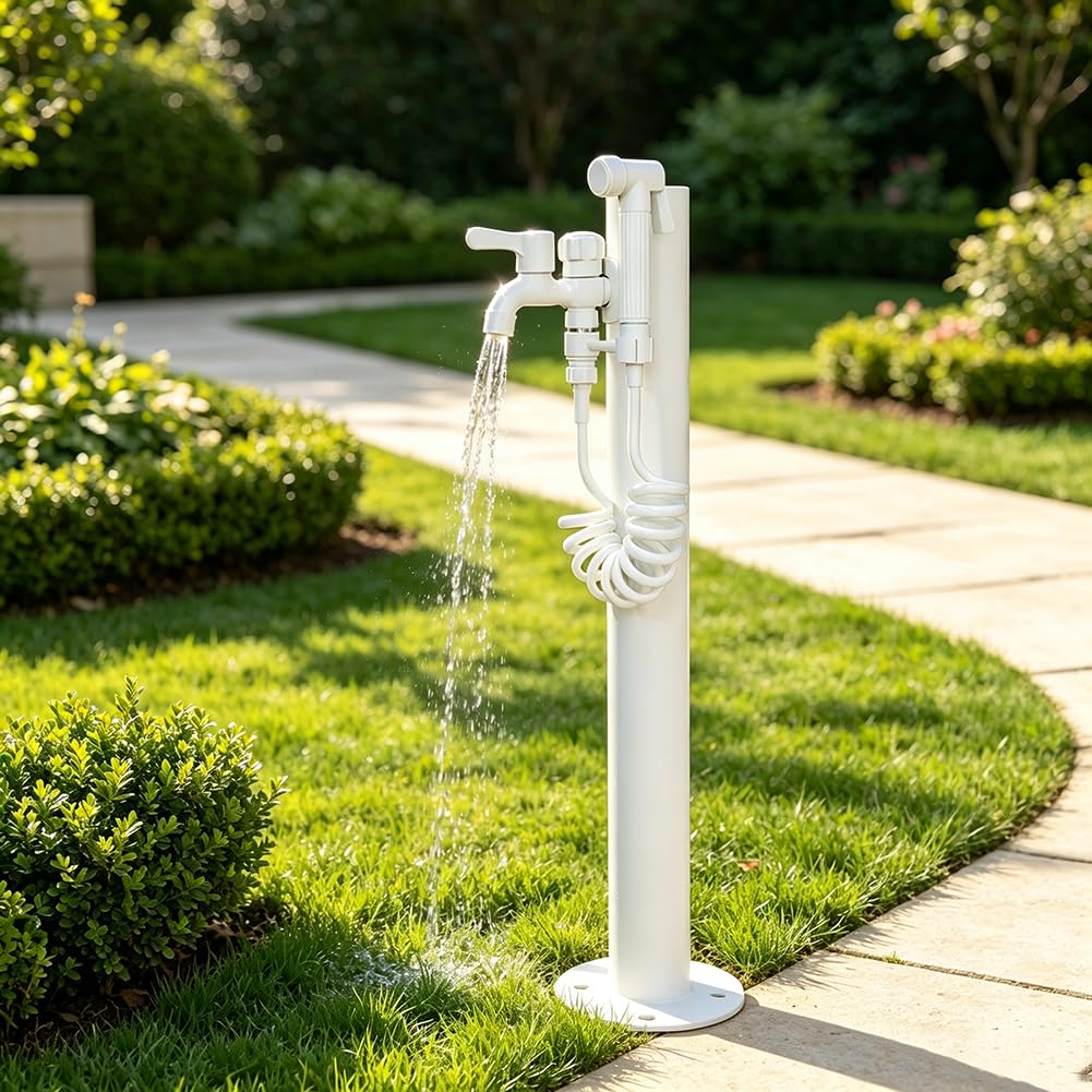 Biała pionowa kolumna wodna do ogrodu zewnętrznego | Podwójny kran ogrodowy montowany na podłodze, do nawadniania trawnika i mycia na patio,White 2,60cm/23.6in