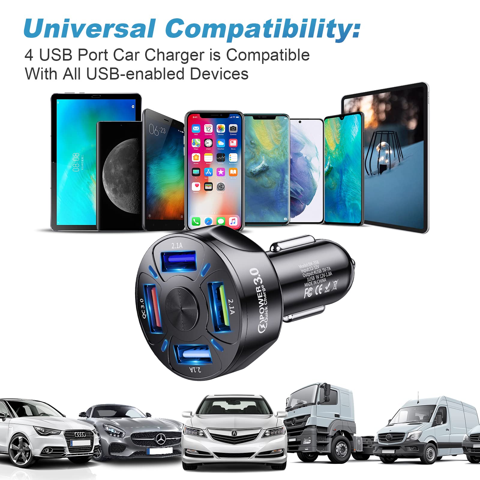 Caricatore Auto USB Cellulare 4 Porte, Accessori Caricabatterie Presa Accendisigari Compatibile Con Smartphone,Tablet, iPhone,Samsung,Huawei,Xiaomi (Confezione da 2)