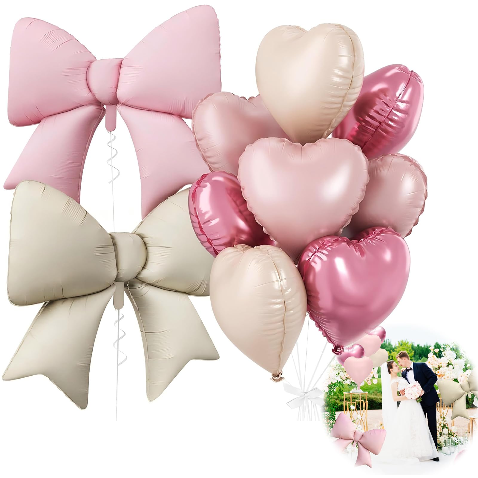 10-Pack Cream Pink Bow & Heart Foil Balloons Set, Large Elegant Party Decorations for Coquette Theme Birthday Wedding Engagement Baby Shower Bridal Decor