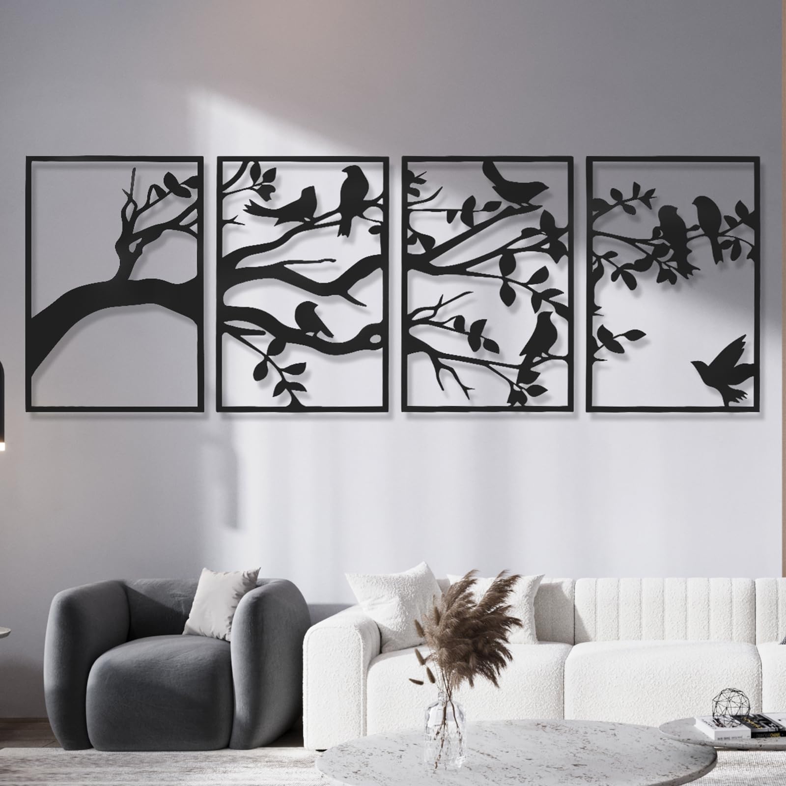 AMAATE Modern Abstract Wall Art Set, Black Metal Wall Decoration, 4-piece Hollow Iron Geometry Art for Living Room Home Decoration (Decorative Art, Tree of Life, 14.6" X 22.5" in)