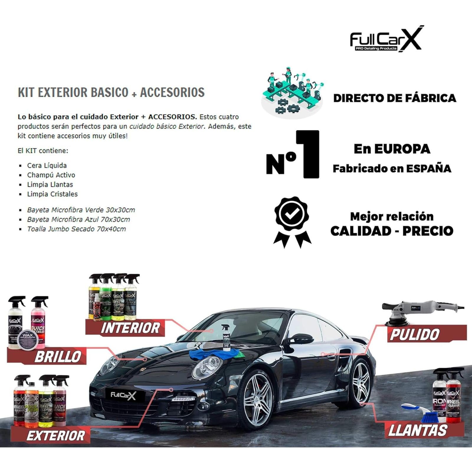 Kit Limpieza Exterior Coche FullCarX + Accesorios Microfibras - Car Detailing - Limpia Llantas, Cera Líquida, Limpia Cristales, Jabón Champú Neutro - 750 ml. Unidad