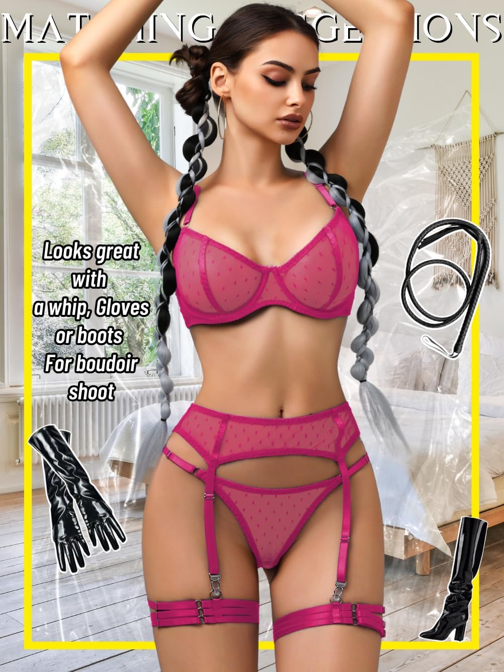 Kaei&Shi Sheer Lace Lingerie Sets For Women Sexy,Underwire 4 Piece Garter Belt Lingerie Valentines Boudoir