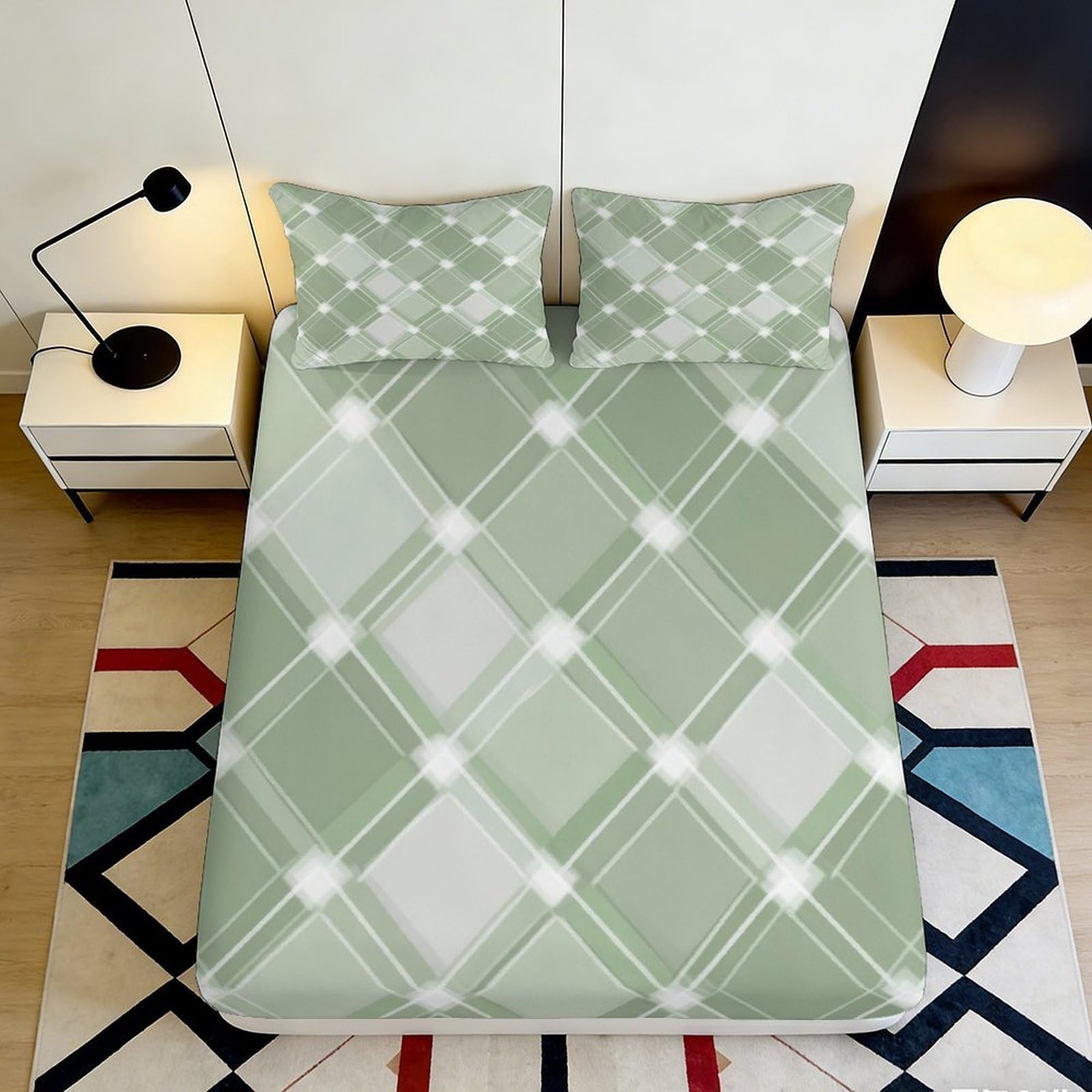 3D Printed Green Plaid Fitted Sheet Microfiber Soft Breathable Geometric Lattice Mattress Cover Bedroom Decor 90x200x25cm