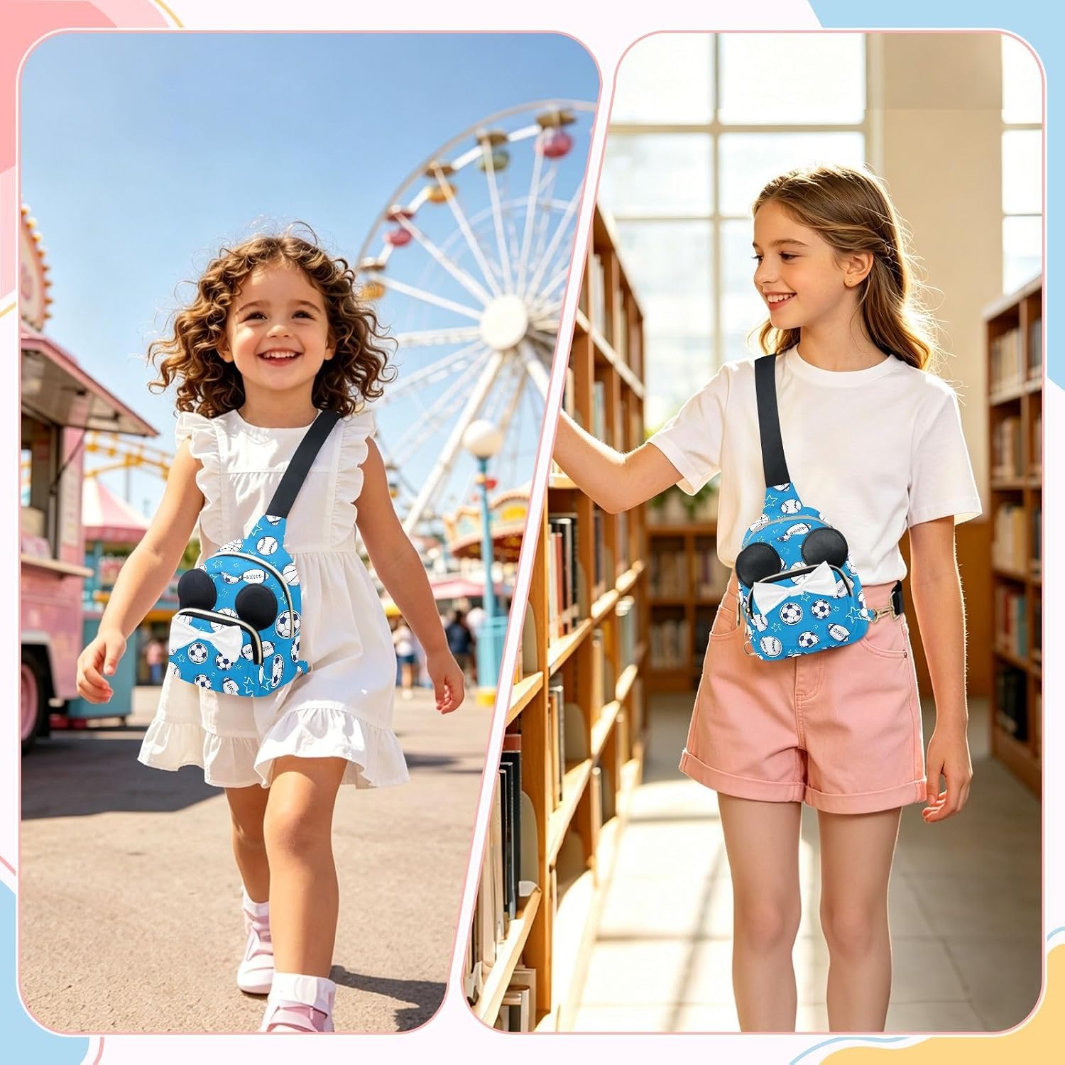 Balls Kids Sling Bag for Girls, 3.1x7.5x5.7 Inches | Crossbody Fanny Pack, Toddler Purse, Cute Sling Belt Bag with Ears, 2L Small Shoulder Chest Bag for Travel