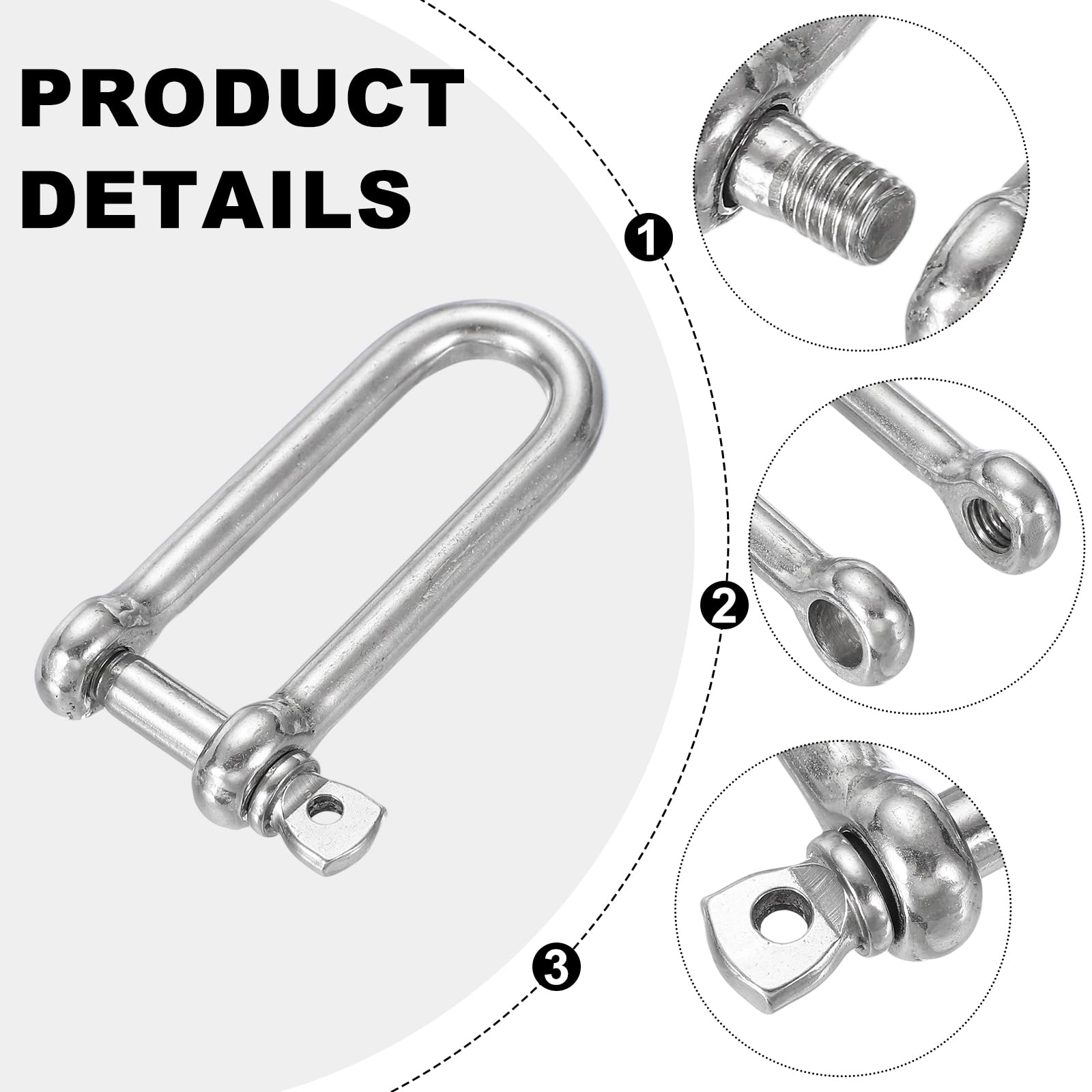 QUARKZMAN Szekla ze stali nierdzewnej w kształcie litery D, 2/5" cala (10 mm) duża szekla śrubowa do łodzi żaglówki do układania łańcuchów Paracord Jewelry Marine Tackle, srebrny odcień