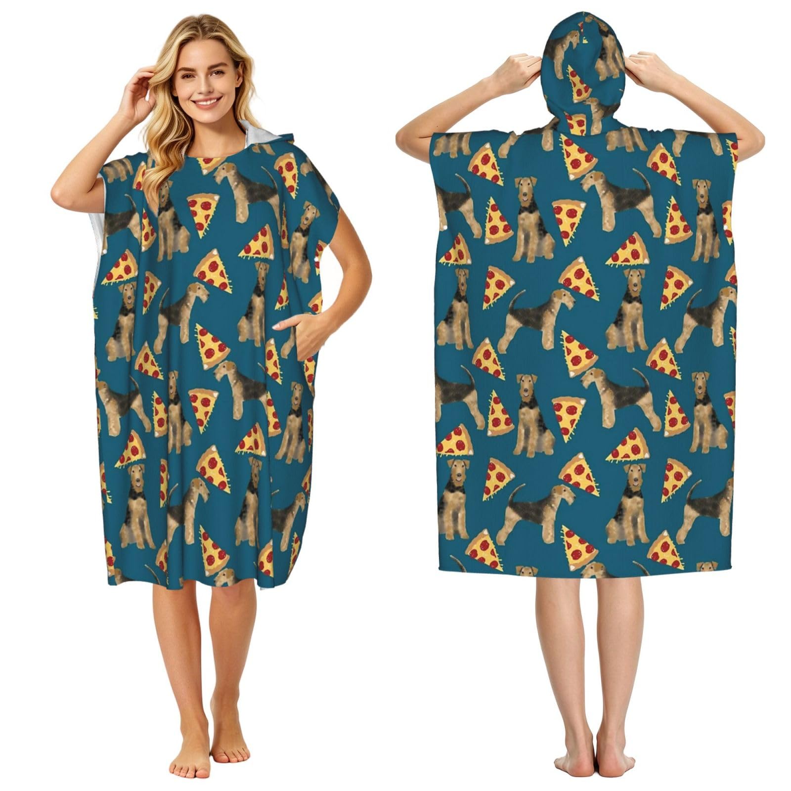 Poadnly Airedale Terrier Pizza, Adult Hooded Beach Towel 90 x 110 cm,Changing Bath Robe, Surf Poncho Towel For Women Men