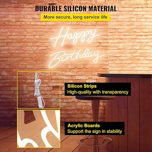 Vista 4 de VEVOR Letrero de neón de feliz cumpleaños, 16.5 x 8 pulgadas + 23 x 8 pulgadas, luces de neón LED, brillo ajustable con control remoto y adaptador