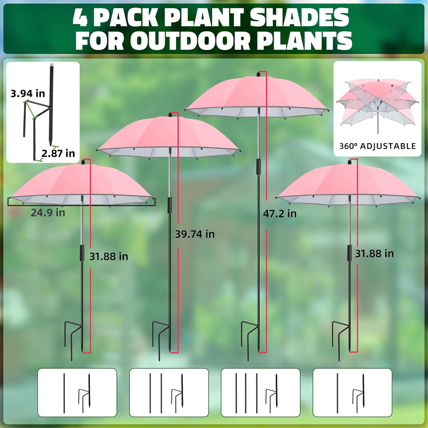 4 Pack 24.9" Plant Umbrellas for Outdoor Plants,47.2" Height Small Umbrella with Reflective Strip, Adjustable Plant Shades for Outdoor Plants, Garden, Potted