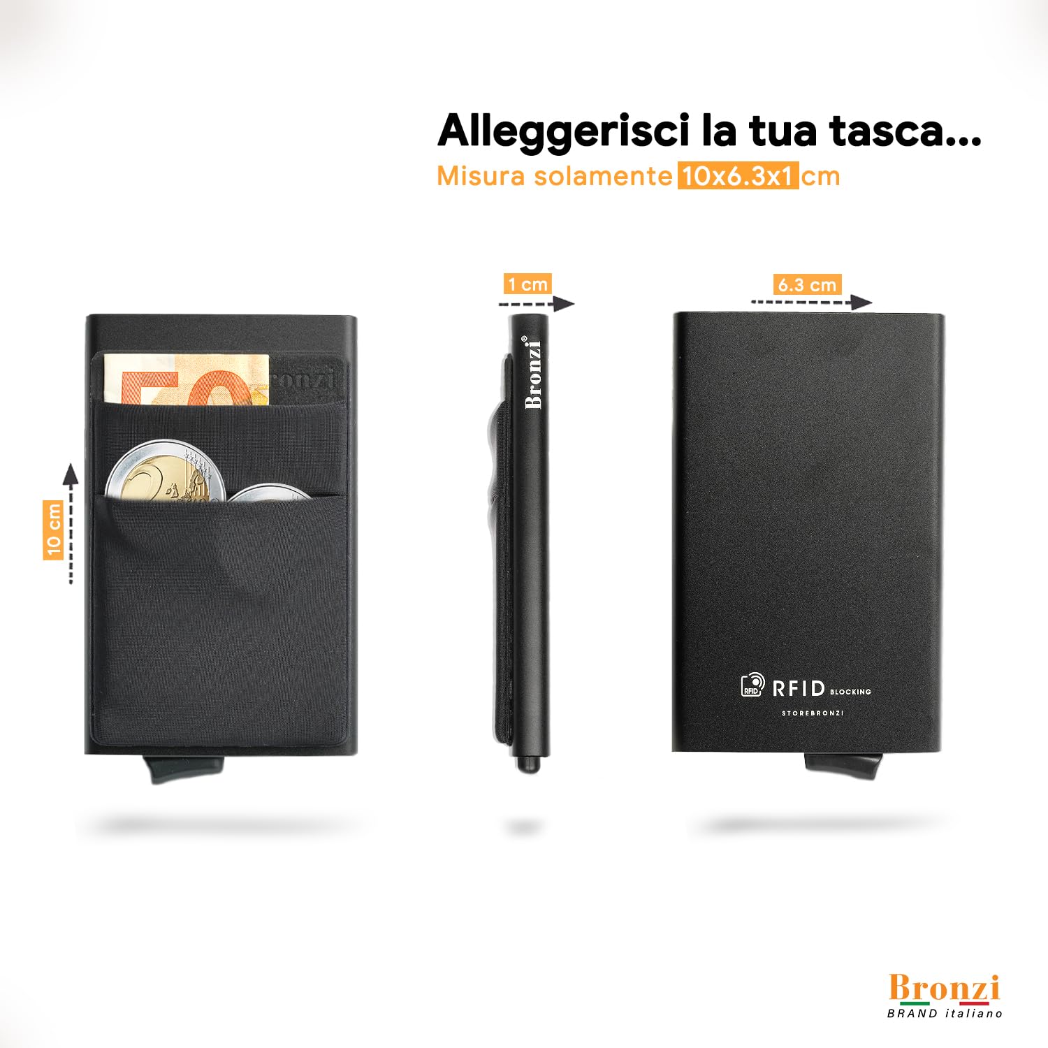 Bronzi® Portafoglio Uomo Slim Piccolo | Portacarte Uomo Donna Portatessere Porta Carte Di Credito | Portafogli Mini Protezione RFID con Portamonete | Box Regalo - Brand Italiano (Nero)