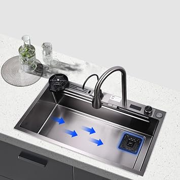 Kitchen Sink Stainless Steel Waterfall Sink Dishwashing Sink Kitchen Sink Unit Pull-Down Faucet Set(750x460mm)