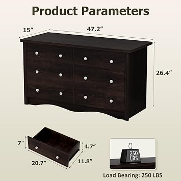 Shahoo Dresser for Bedroom with 6 Drawers, 47.2 Wood Dresser, Brown