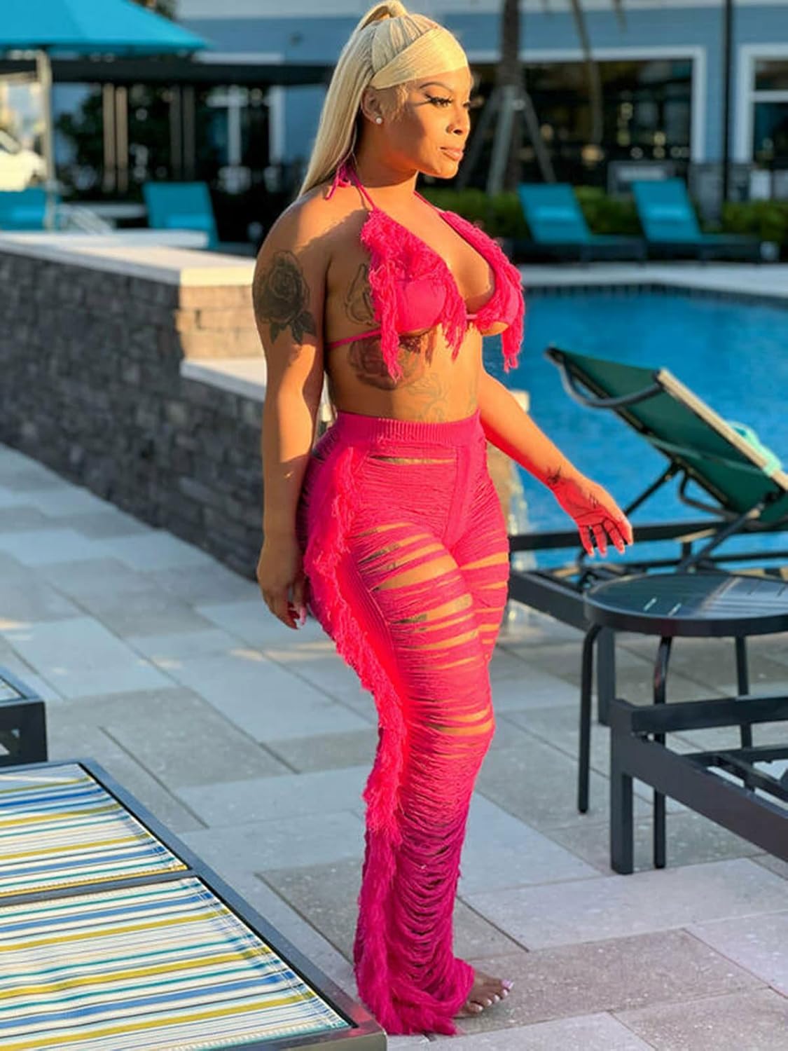 KANSOON Two Piece Sets for Women Sexy Crochet Outfits Halter Top Fringe Pants Summer Party Clubwear - Image 9