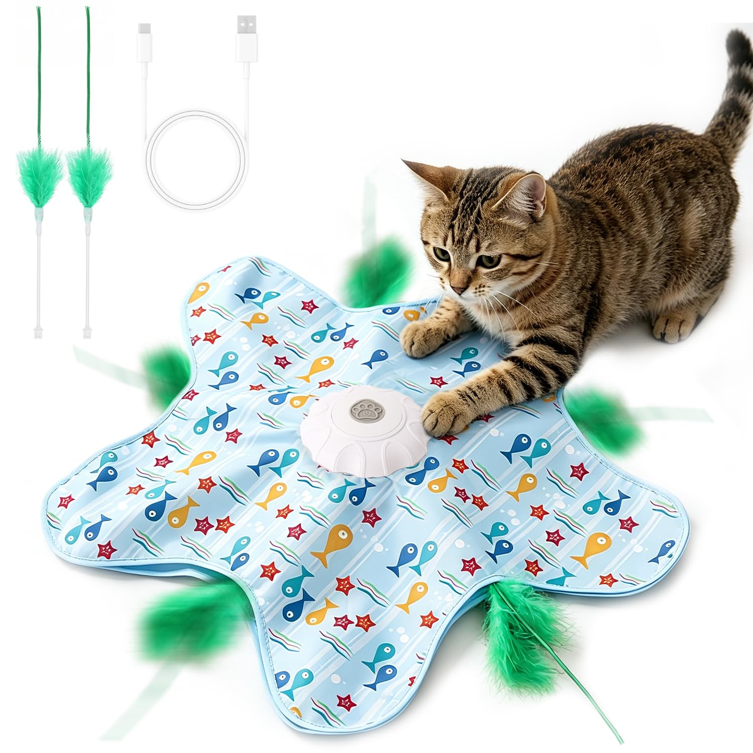 Interactive Cat Toys for Indoor Cats, Rechargeable Automatic Hide and Seek Moving Feather Kitten Toy with 2 Replaceable Wands, 3 Modes, 5-Min Auto-Sleep & Realistic Bird Sounds (Fish)