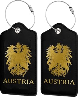Luggage Tags Austria Austrians Flag Logo Golden National Emblem for Suitcases Pu Leather with Durable Steel Loop Address Card Bag Tags Privacy Protection Travel Accessories Essential 2 Pcs