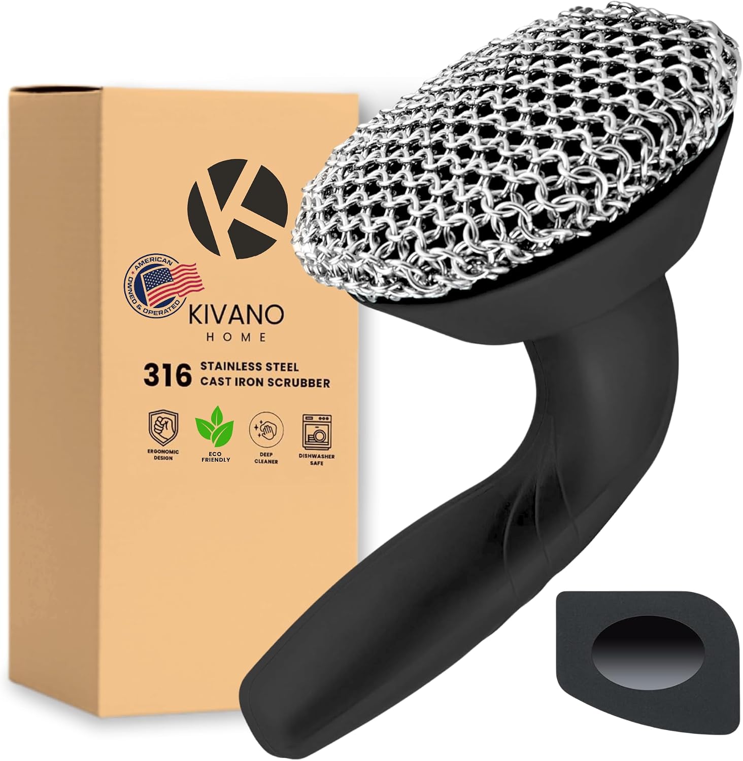KIVANO Cast Iron Scrubber with Pan Scraper, 316L Chainmail Scrubber, Long Handle Cast Iron Cleaner for Dishes, Pans, Grills, Upgraded Chain Mail Scrubber for Grill Pan Skillet Wok Carbon Steel