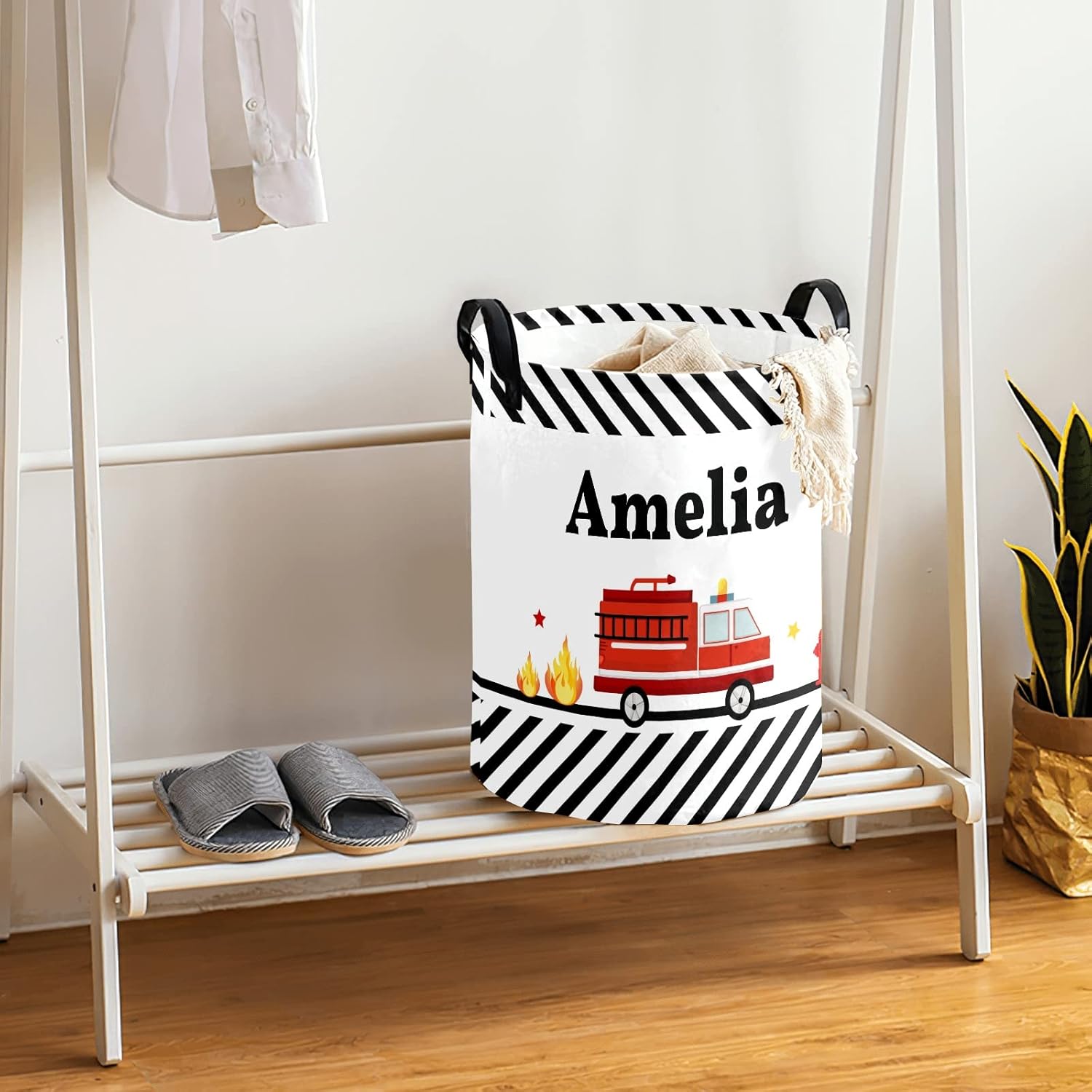 Fire Truck Personalized Laundry Basket Clothes Hamper with Handles Waterproof,Collapsible Laundry Storage Baskets for Bathroom,Bedroom Decorative 19.7"Hx14.2"D