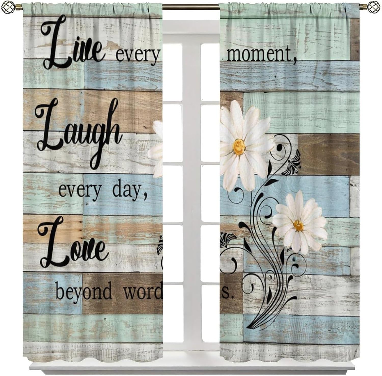 Floral Butterfly Blackout Curtain,Rustic Farmhouse Daisy Flower Wood Board Plank Window Curtains Dining Room Living Room Kitchen Cafe Bedroom Office Drapes,42x45 in