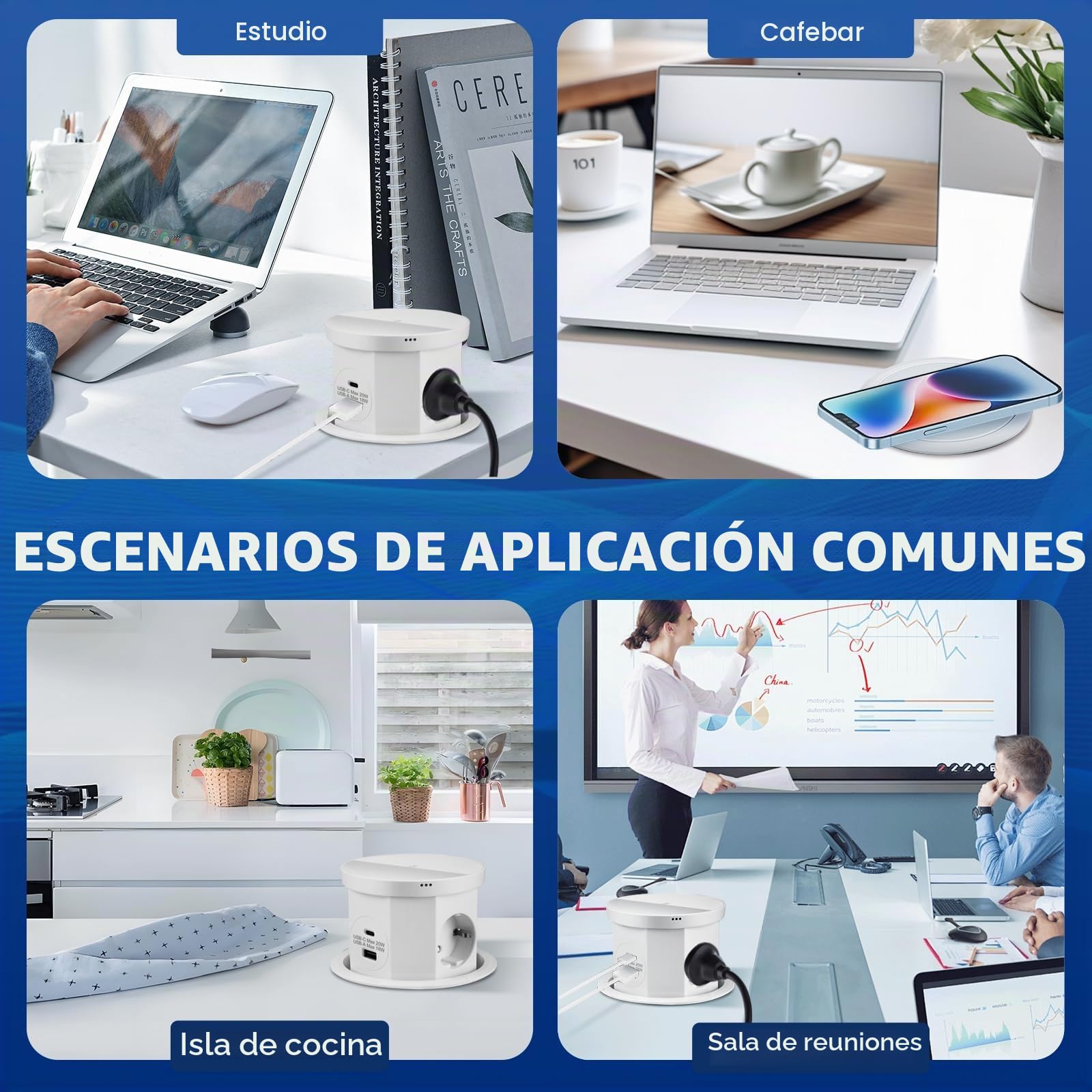 Regleta de toma empotrable para encimera, multienchufe empotrable, toma de mesa retráctil con 3 enchufes, 1 USB-C y 1 USB-A - Mesa retráctil - con cargador inalámbrico (blanco)