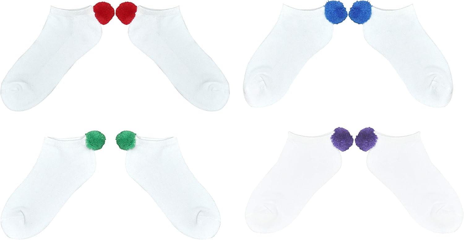NEW! Pom Pom Socks Girls (4 Pair) Youth - Lowcut Ped Socks Pom-Pom Athletic Socks - Fits Kids Shoe Size: 9-3 (Multi 4 Pair) - Image 2