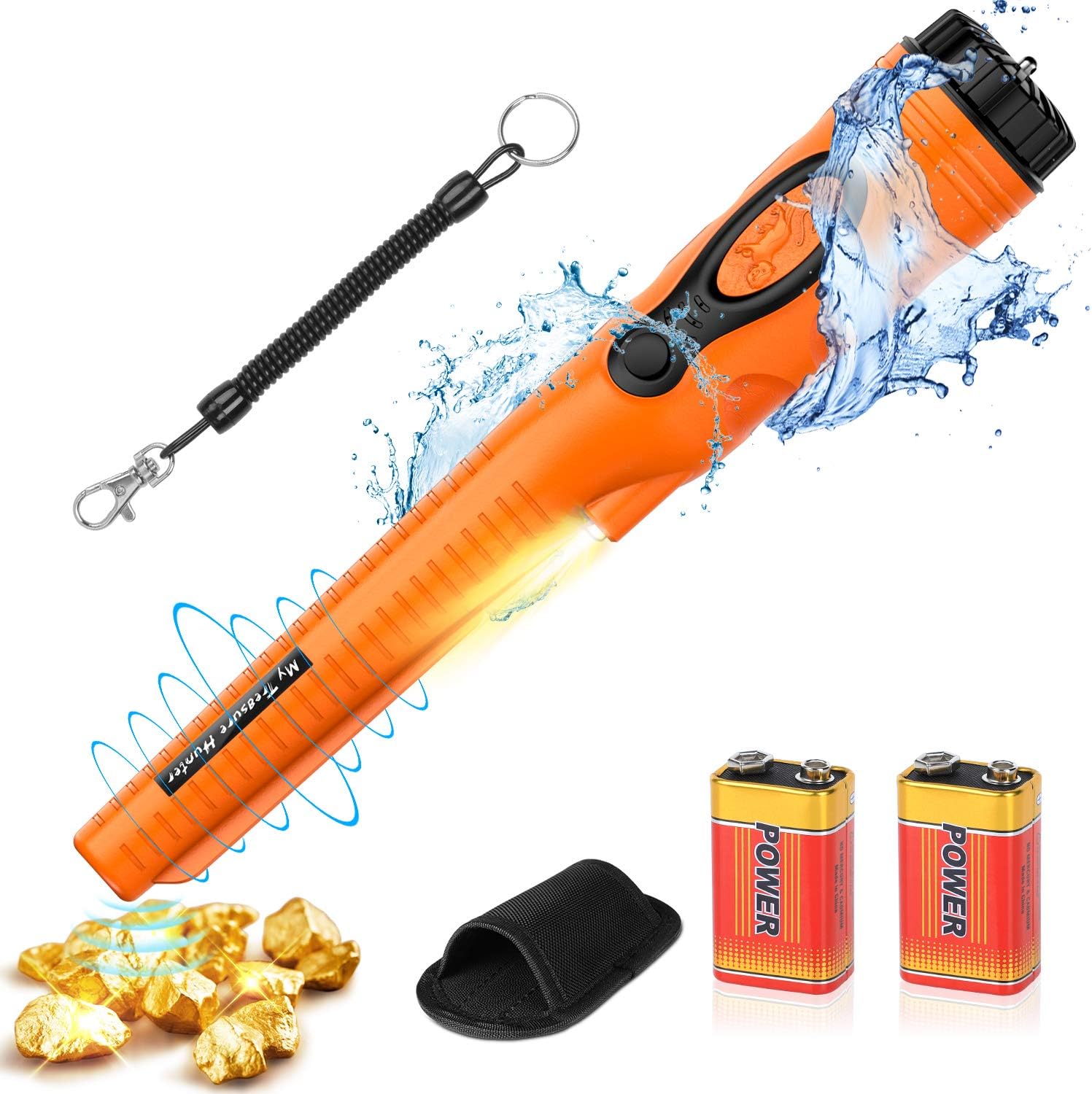 FYSMY Fully Waterproof Pinpoint Metal Detector, Pinpointer with 2-Pack 9V Battery, Gold Hunter Vibration Beep LED Indicator Detector,360°Search Treasure Pinpointing Finder Probe (Orange)