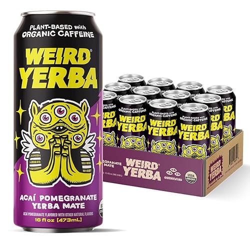 Bebe Weird Organic Acai Pomegranate Yerba Mate Latas de 16 onzas, 160 mg de cafeína orgánica, paquete de 12 Alternativa a bebidas energéticas