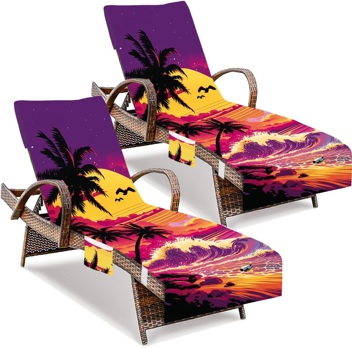 2 PCS Flower and Leaves Beach Chair Covers, Lounge Chair Towel Cover, Chaise Lounge Cover with Pockets for Pool Sunbathing Beach Garden Courtyard Outdoor Trips, 85" X 30"