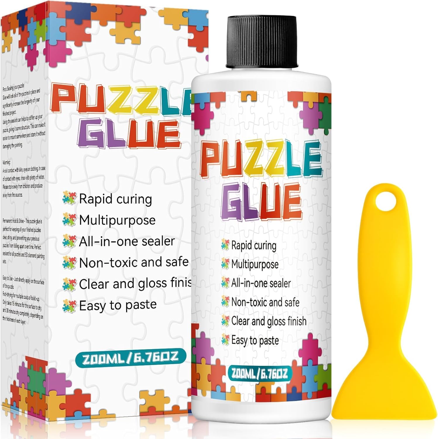 Jigsaw Puzzle Glue with Scraper, 200ml Puzzle Glue Clear, Easily Preserves Finished Puzzles for 3000/4500/5000 Pieces, Non-Toxic Puzzles Sealer for Children and Adults
