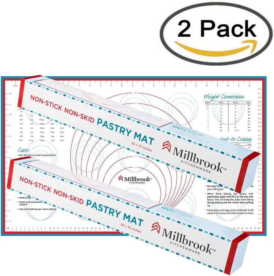 Silicone Pastry Mat with Measurements, Non Stick Non Skid, Baking Mat, 25x15 Inches, 2 Pack