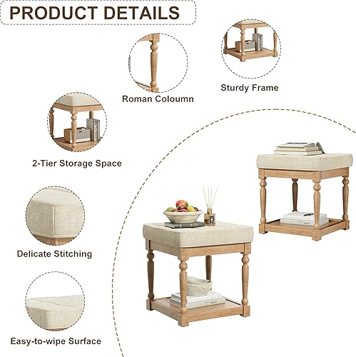 Miniatura 7 de UEV Juego de 3 mesas de café otomanas, juego de mesa de madera para sala de estar, incluye 2 mesas auxiliares tapizadas, mesita de noche, patas de