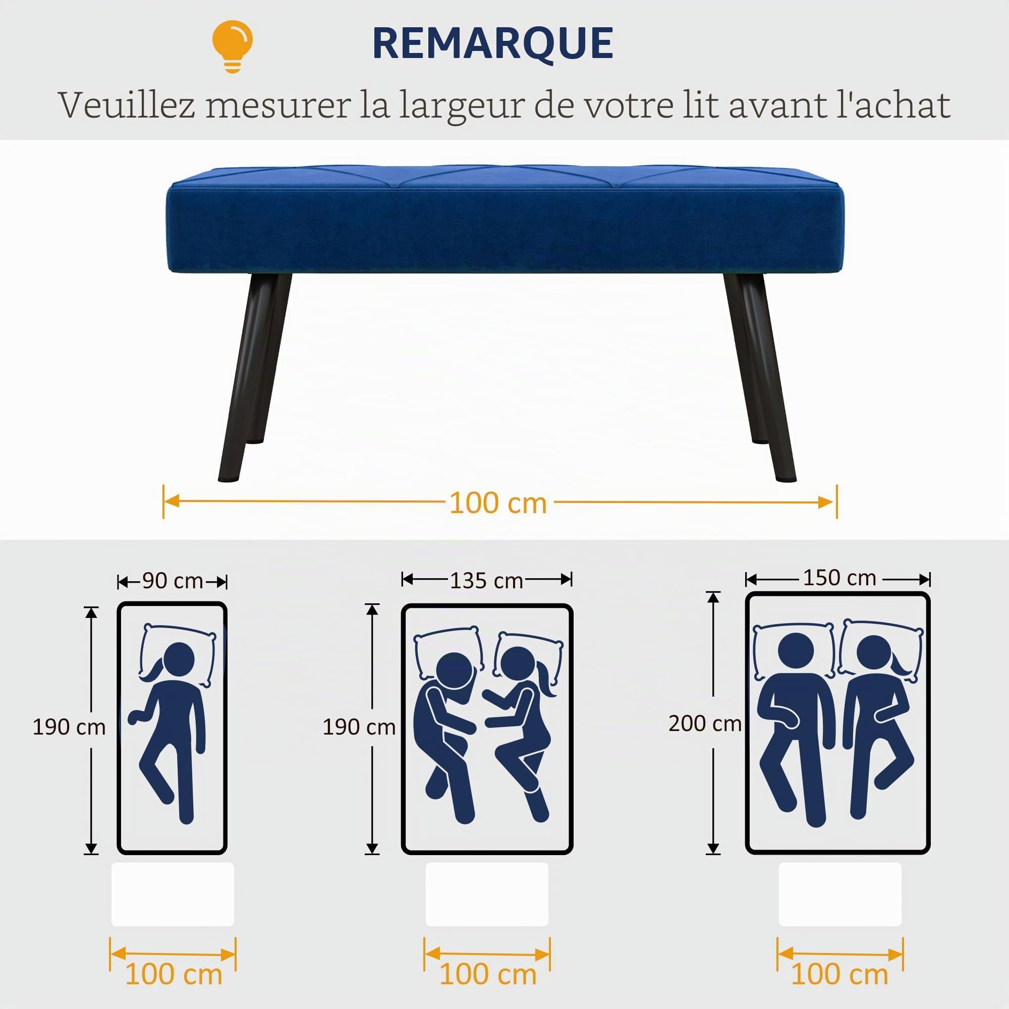 HOMCOM Banc rembourré Aspect Velours avec Motif X et Pieds en Acier pour Chambre à Coucher, Salon, Couloir 100 x 36 x 45 cm Bleu