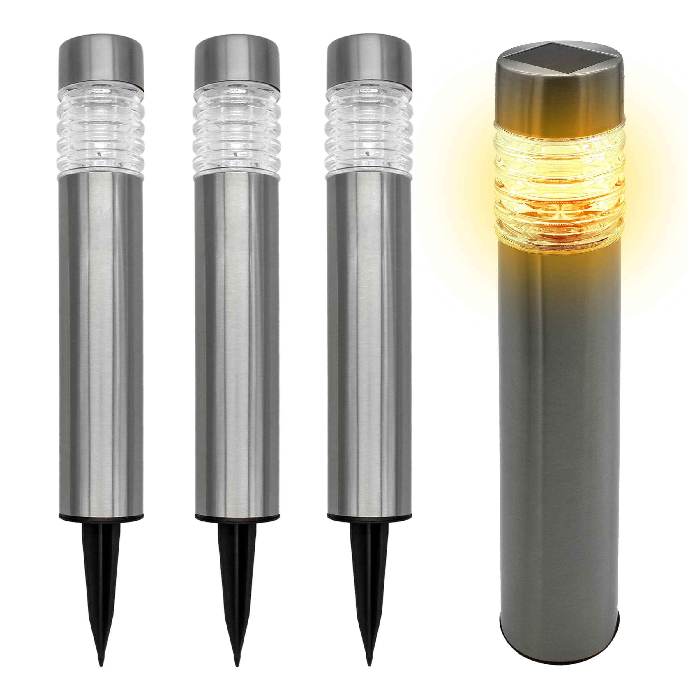 Spetebo Lámpara solar de acero inoxidable para camino, 42 x 8 cm, juego de 4 unidades, color plateado, luz blanca cálida, lámpara solar para jardín, iluminación decorativa para exterior y terraza